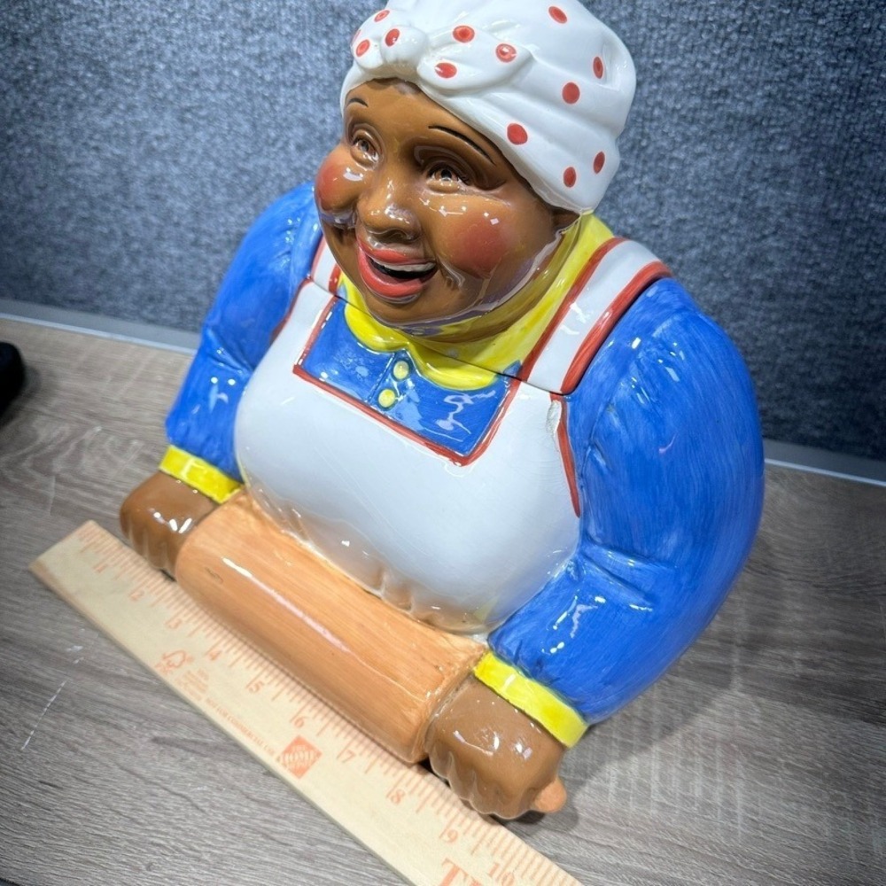 Vintage Clay Art Cookie Jar Blue Dress Rolling Pin Americana Kitchen Decor - Picture 15 of 16